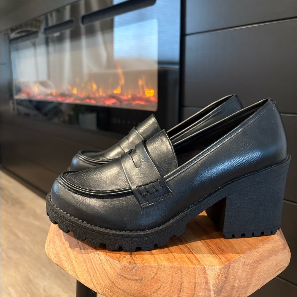 Black Chunky Heel Loafers